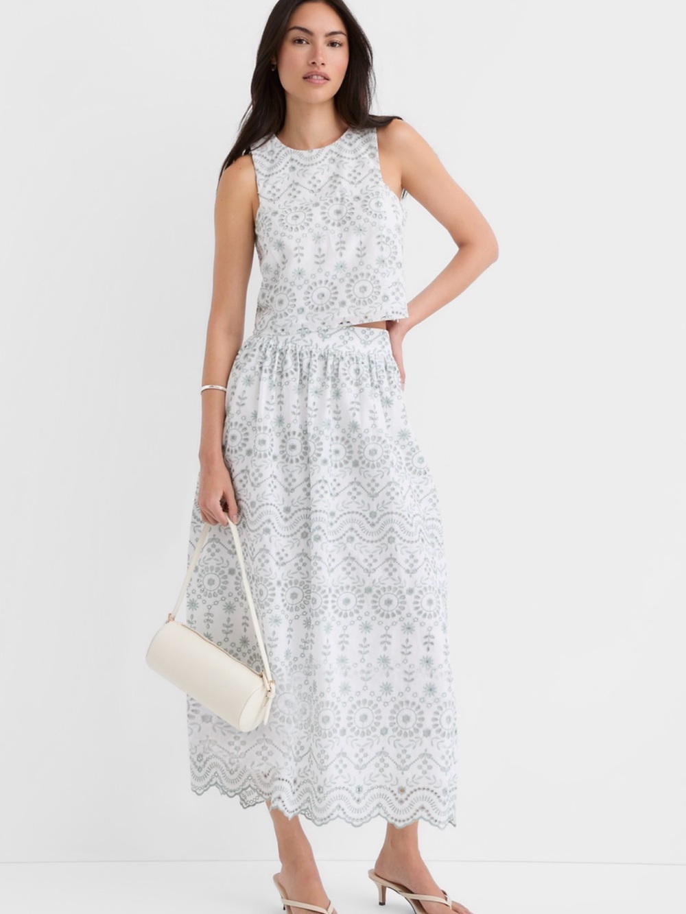 White & Green Eyelet Maxi Skirt